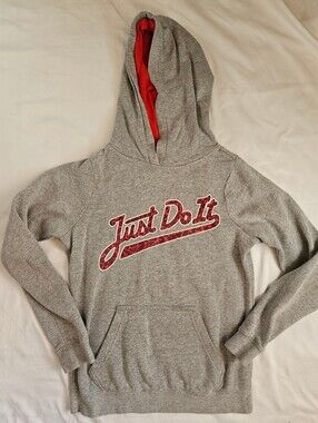 Nike Girls Gray & Red Writing "Just Do It" Long Sleeve Pullover Hoodie Size Med